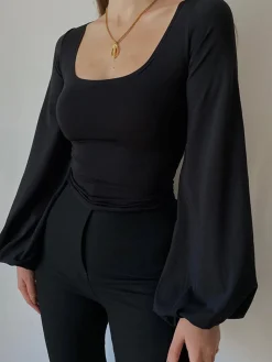 COMMENSE Puff Sleeve Square Neck Blouse* Sweater Tops|Blouses & Shirts