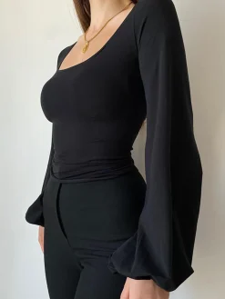 COMMENSE Puff Sleeve Square Neck Blouse* Sweater Tops|Blouses & Shirts