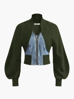 COMMENSE Puff-Sleeve Denim Panel Slim Jacket* Outerwear|Jackets