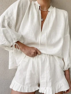 COMMENSE Pure Cotton Adjustable Cuff Ruffle Hem Shorts Set* Shorts Sets|Long Sleeve Sets