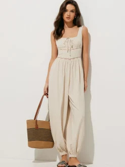 COMMENSE Pure Cotton Backless Tie-Front Jumpsuit* White Dresses|Jumpsuits & Rompers