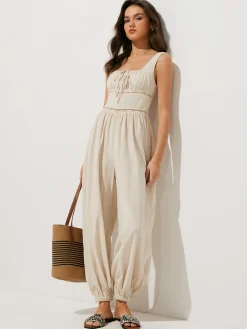 COMMENSE Pure Cotton Backless Tie-Front Jumpsuit* White Dresses|Jumpsuits & Rompers