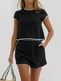 COMMENSE Pure Cotton Contrast Trim Shorts Set* Shorts Sets|Shorts