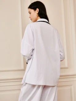 COMMENSE Pure Cotton Contrast Trim Lapel Shirt* Long Sleeve Sets|Blouses & Shirts