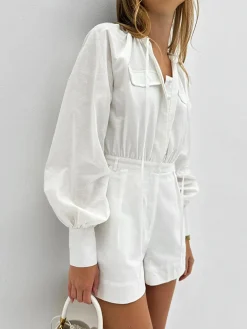 COMMENSE Pure Cotton Pocket Short Jumpsuit* White Dresses|Jumpsuits & Rompers