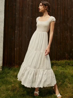 COMMENSE Pure Cotton Ruched Long Dress* White Dresses|Vacation Dresses