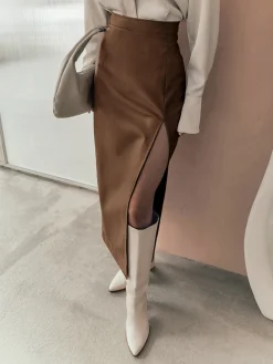 COMMENSE Quiet Luxury Faux Leather Slit Midi Skirt* Skirts|Bottoms