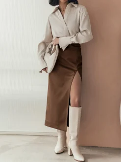COMMENSE Quiet Luxury Faux Leather Slit Midi Skirt* Skirts|Bottoms