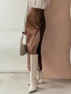 COMMENSE Quiet Luxury Faux Leather Slit Midi Skirt* Skirts|Bottoms