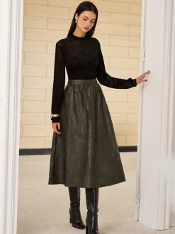 COMMENSE Retro Faux Leather Skirt Without Belt* Skirts|Bottoms