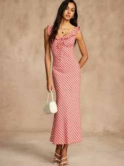 COMMENSE Retro Gingham V-Neck Fishtail Dress* Dresses