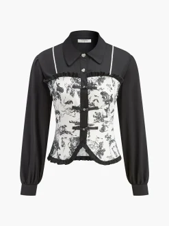 COMMENSE Retro Printed Slim Polo Blouse* Blouses & Shirts|Tops
