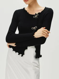 COMMENSE Rhinestone Bow Lettuce Trim Sweater* Sweater Tops|Sweaters & Cardigans