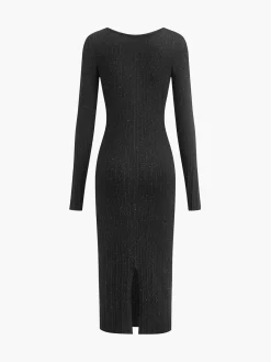 COMMENSE Rhinestone Decor Plain Sweater Dress* Black Dresses|Sweater Dresses