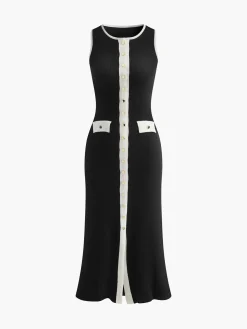 COMMENSE Ribbed Breasted Knit Tank Dress* Black Dresses|Work Dresses