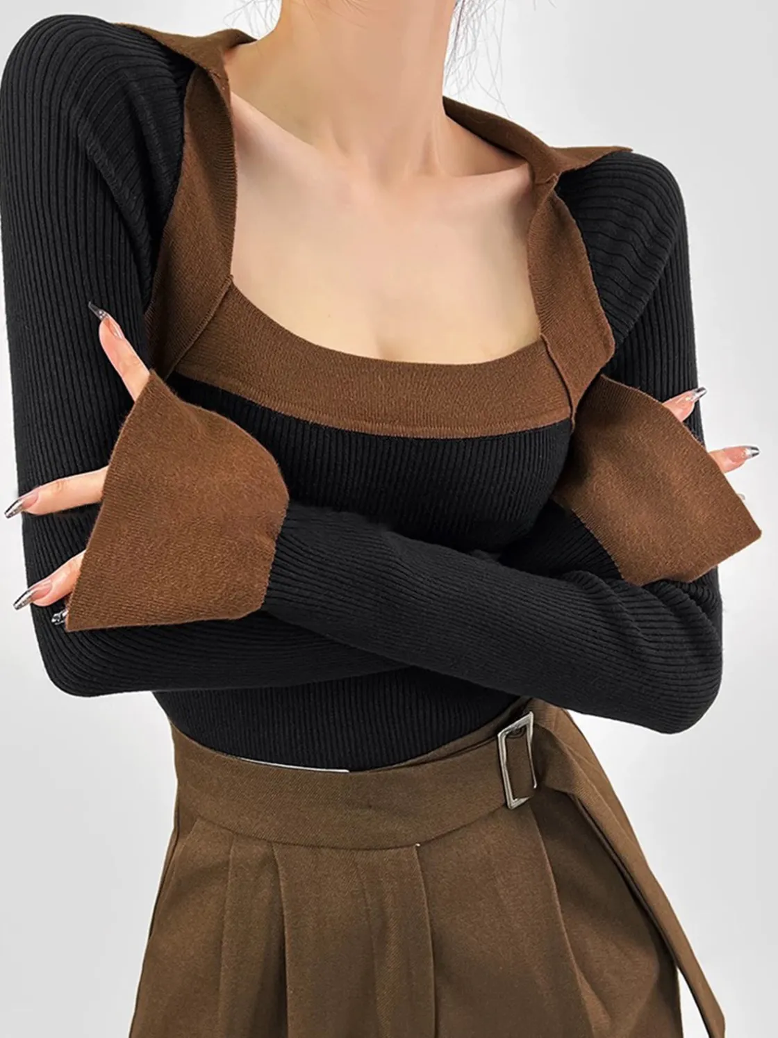 COMMENSE Ribbed Color Block Skinny Sweater* Sweater Tops|Sweaters & Cardigans