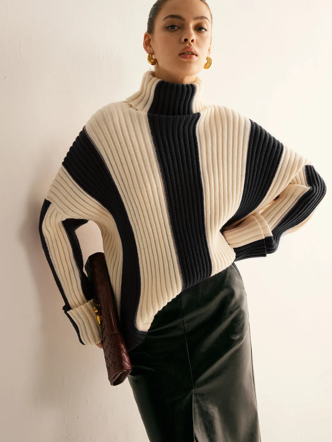 COMMENSE Ribbed Color Block Turtleneck Sweater* Sweater Tops|Sweaters & Cardigans