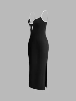 COMMENSE Ribbed Contrast Bow Cami Long Dress* Black Dresses|Casual Dresses