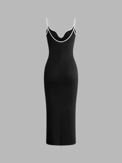 COMMENSE Ribbed Contrast Bow Cami Long Dress* Black Dresses|Casual Dresses