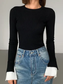 COMMENSE Ribbed Contrast Cuff Sweater* Sweater Tops|Sweaters & Cardigans