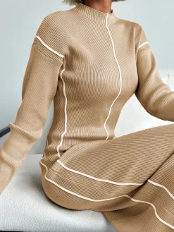 COMMENSE Ribbed Contrast Piping Sweater Dress* White Dresses|Black Dresses