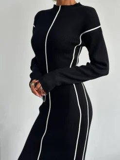 COMMENSE Ribbed Contrast Piping Sweater Dress* White Dresses|Black Dresses