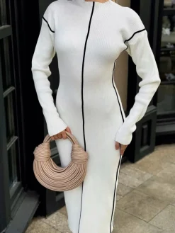 COMMENSE Ribbed Contrast Piping Sweater Dress* White Dresses|Black Dresses