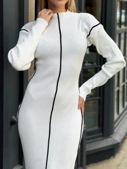 COMMENSE Ribbed Contrast Piping Sweater Dress* White Dresses|Black Dresses
