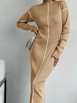 COMMENSE Ribbed Contrast Piping Sweater Dress* Sweater Dresses|Work Dresses