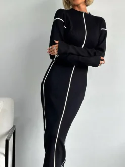 COMMENSE Ribbed Contrast Piping Sweater Dress* Sweater Dresses|Work Dresses