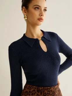 COMMENSE Ribbed Keyhole Neckline Polo Sweater* Sweater Tops|Sweaters & Cardigans