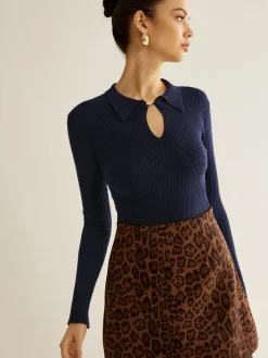 COMMENSE Ribbed Keyhole Neckline Polo Sweater* Sweater Tops|Sweaters & Cardigans