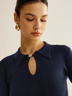 COMMENSE Ribbed Keyhole Neckline Polo Sweater* Sweater Tops|Sweaters & Cardigans