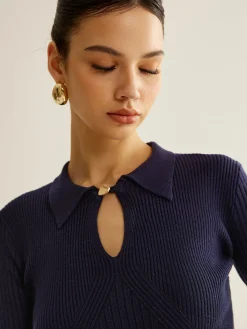 COMMENSE Ribbed Keyhole Neckline Polo Sweater* Sweater Tops|Sweaters & Cardigans