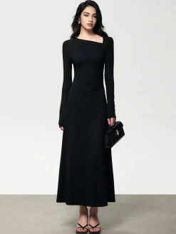 COMMENSE Ribbed Knit Asymmetric Long Sleeve Bodycon Long Dress* Black Dresses|Casual Dresses