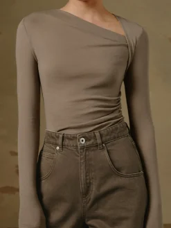 COMMENSE Ribbed Knit Long Sleeve Asymmetric Shirt* T-shirts|Knitwear