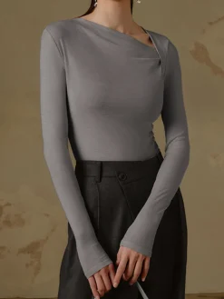 COMMENSE Ribbed Knit Long Sleeve Asymmetric Shirt* T-shirts|Knitwear