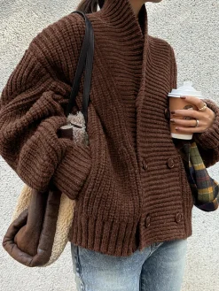 COMMENSE Ribbed Lapel Button Knit Outerwear* Sweater Tops|Outerwear