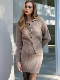COMMENSE Ribbed Lapel Button Skirt Set* Skirt Sets|Long Sleeve Sets