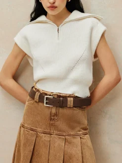 COMMENSE Ribbed Lapel Zipper Sweater Vest* Sweater Vests|Sweaters & Cardigans