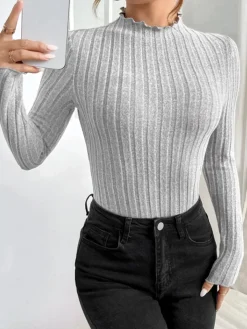 COMMENSE Ribbed Lettuce Trim Slim Bodysuit* Bodysuits|Bodysuits