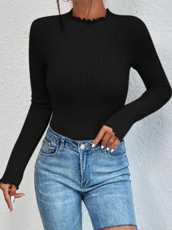 COMMENSE Ribbed Lettuce Trim Slim Bodysuit* Bodysuits|Bodysuits