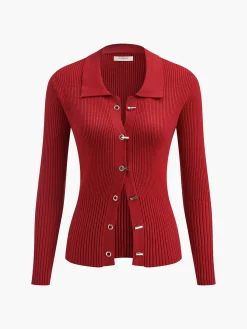 COMMENSE Ribbed Metal Design Polo Cardigan* Cardigans|Sweaters & Cardigans
