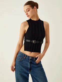 COMMENSE Ribbed Mock Neck Tank Top With Leather Belt* Sweater Vests|Sweaters & Cardigans