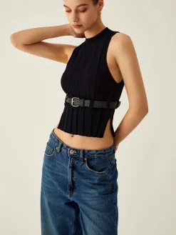 COMMENSE Ribbed Mock Neck Tank Top With Leather Belt* Sweater Vests|Sweaters & Cardigans