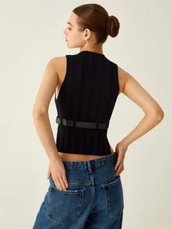 COMMENSE Ribbed Mock Neck Tank Top With Leather Belt* Sweater Vests|Sweaters & Cardigans