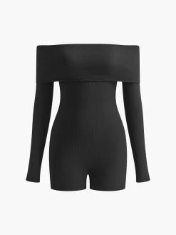 COMMENSE Ribbed Off-Shoulder Plain Jumpsuit* Black Dresses|Jumpsuits & Rompers