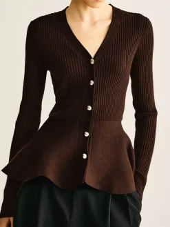 COMMENSE Ribbed Panel Bud Waist Button Knit Top* Sweater Tops|Sweaters & Cardigans