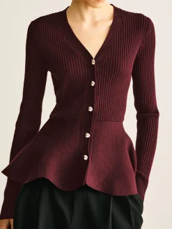 COMMENSE Ribbed Panel Bud Waist Button Knit Top* Sweater Tops|Sweaters & Cardigans