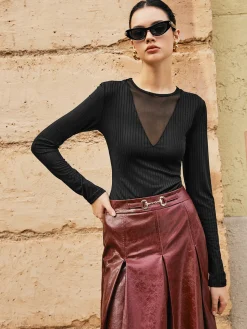COMMENSE Ribbed Panel Sheer Blouse* Blouses & Shirts|Tops